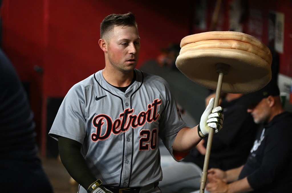 Spencer Torkelson of the Detroit Tigers celebrates with teammates as we look at Michigan's sports betting financials for April 2024