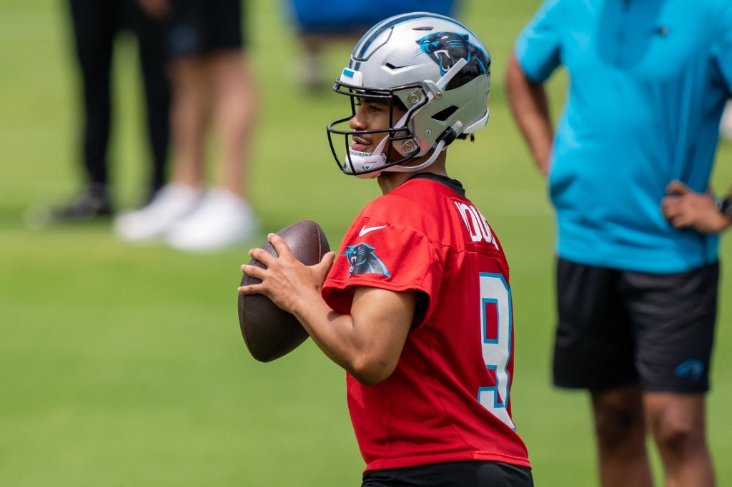 Bryce Young #9 of the Carolina Panthers works through a drill as we look at our Panthers betting preview for 2023.