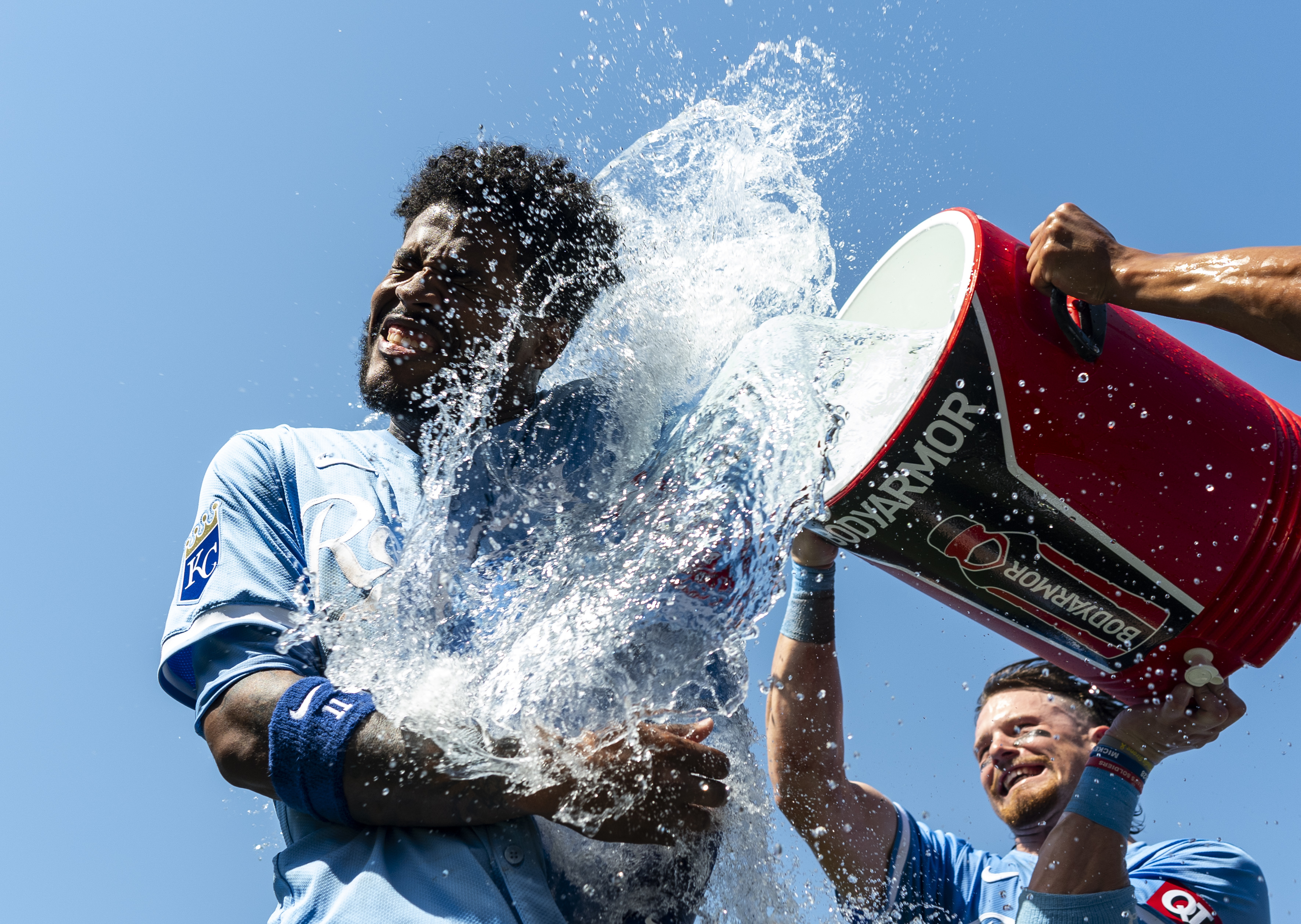 Kansas City Royals third baseman Maikel Garcia (11) is doused with water as we examine the May revenue report for Missouri riverboat casinos.