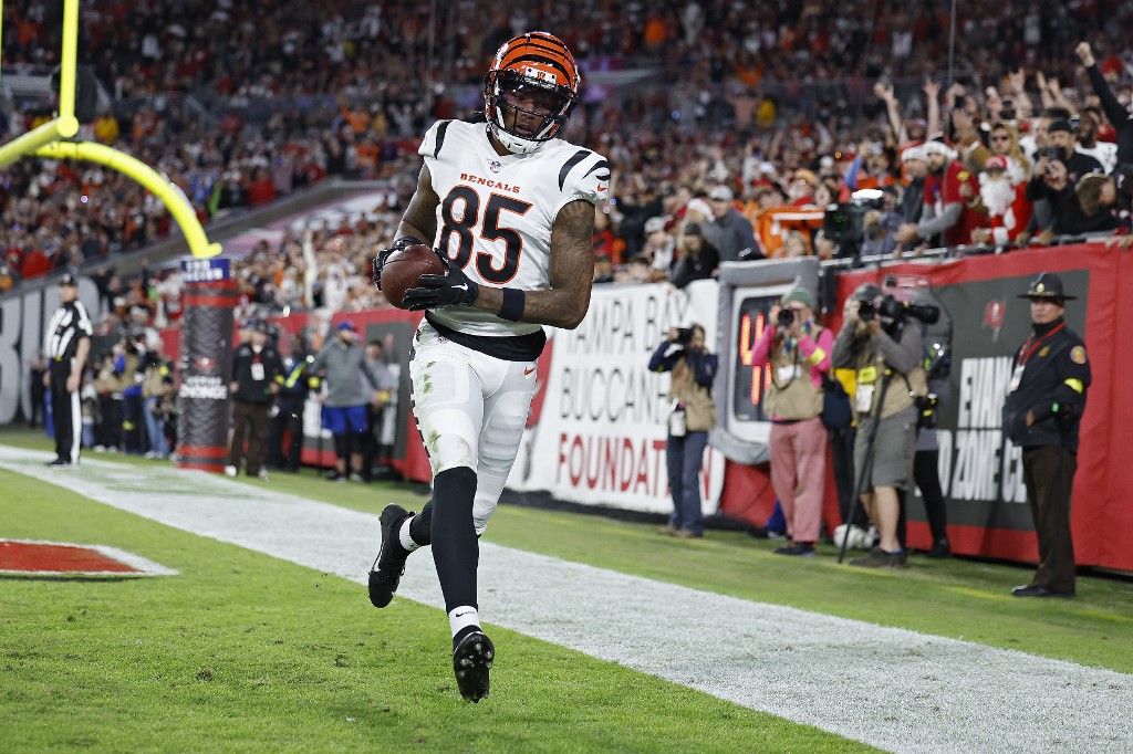 Tee Higgins of the Cincinnati Bengals catches a touchdown pass as we share our top Bengals vs. Jaguars bonus code.