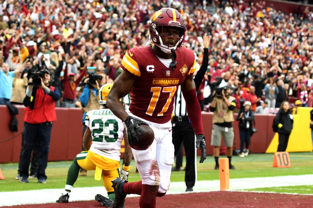 Terry McLaurin celebrates after catching a touchdown reception during the third quarter of the game against the Green Bay Packers, and we offer our top NFL upset picks based on the best NFL odds.