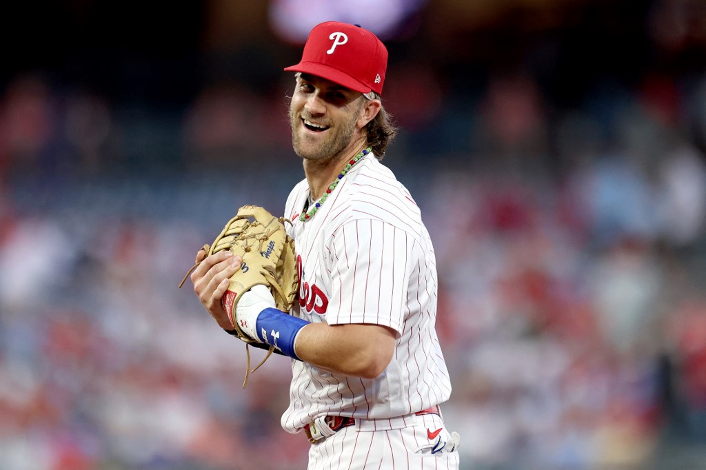 Bryce Harper of the Philadelphia Phillies reacts during the second inning against the Atlanta Braves at Citizens Bank Park as we look at our Marlins-Phillies prediction.
