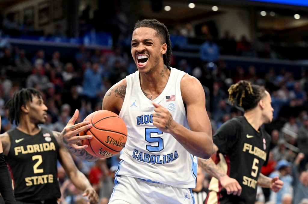 Armando Bacot #5 of the North Carolina Tar Heels celebrates as we look at our bet365 North Carolina bonus code