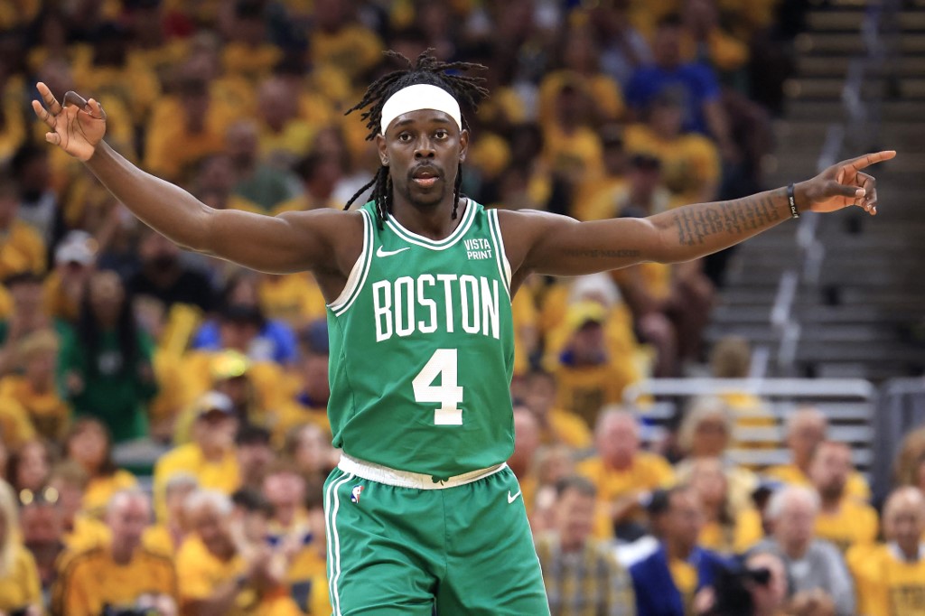 Boston Celtics guard Jrue Holiday points both ways from the middle of the court as we look at the NBA Finals MVP odds and predictions.