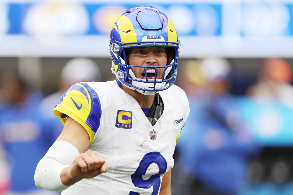 Matthew Stafford of the Los Angeles Rams calls a play during the second quarter against the San Francisco 49ers, and we offer our top Saints vs. Rams prediction based on the best NFL odds.
