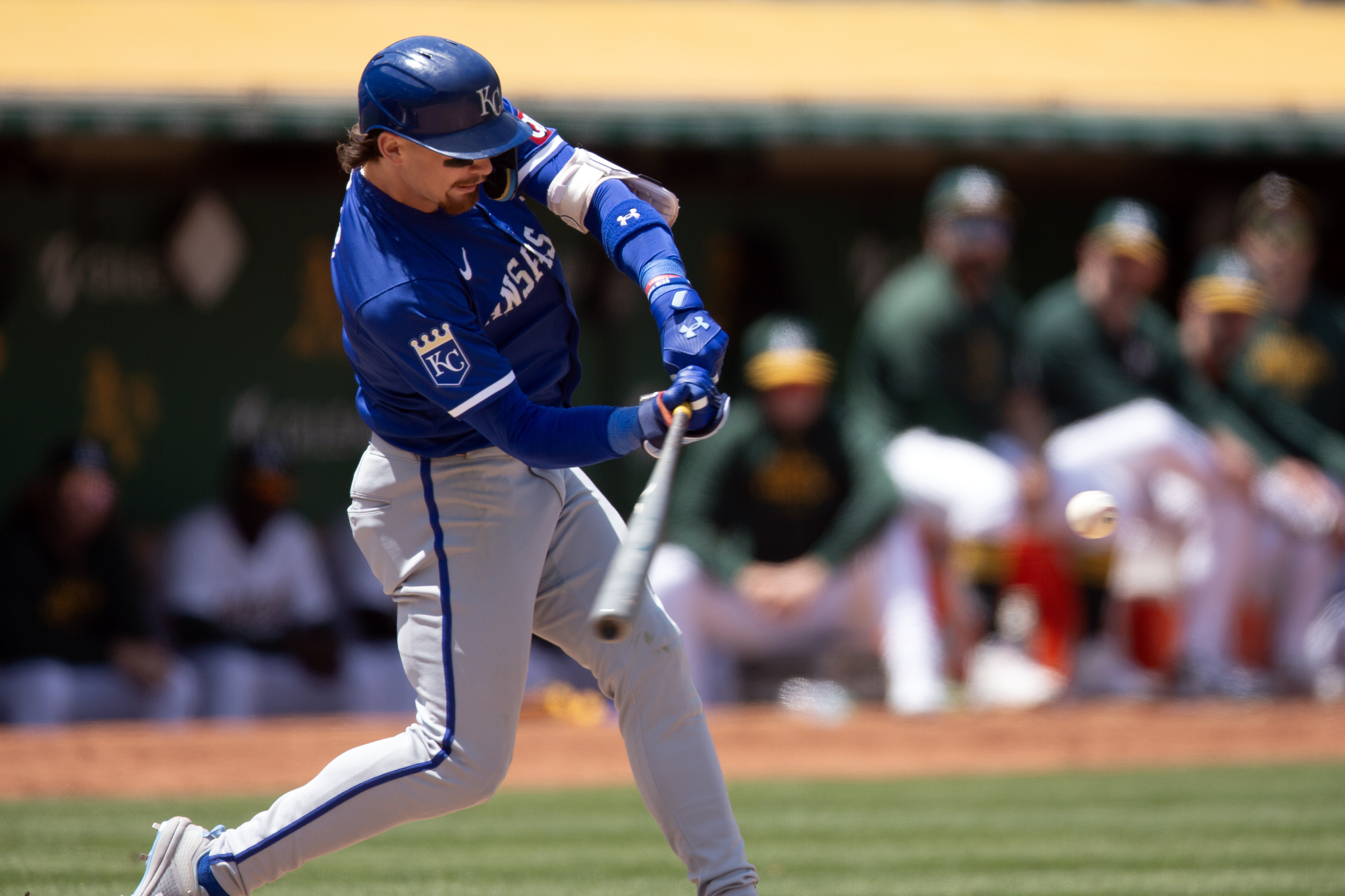 Kansas City Royals shortstop Bobby Witt Jr. hits a home run against the Oakland Athletics during the eighth inning at Oakland Coliseum. We're backing Witt in our MLB Player Props & Expert Picks.