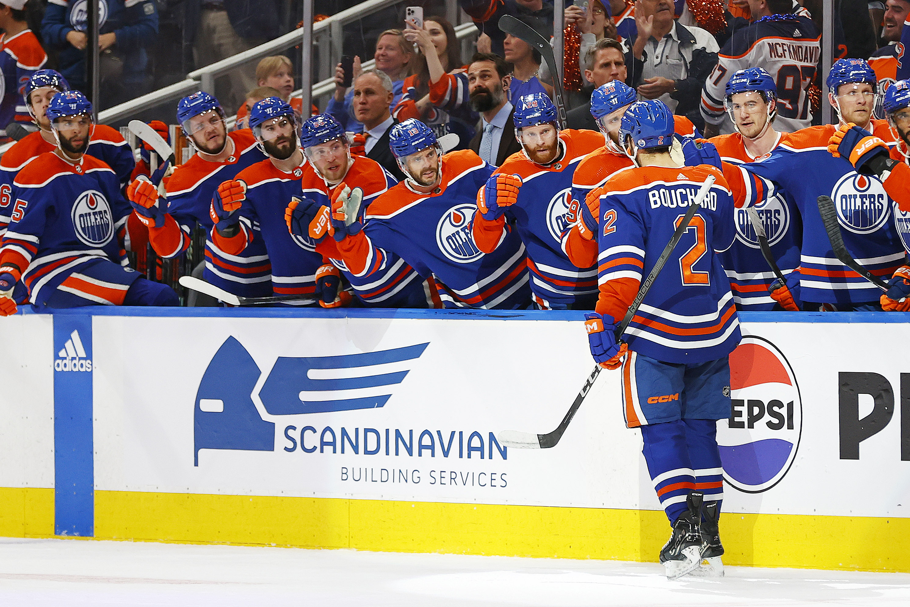 Edmonton Oilers defenseman Mattias Ekholm celebrates scoring with defenseman Evan Bouchard against the Florida Panthers during the first period in Game 2 as Gonzales Oona takes a look at the best parlay for Thursday's Game 3.