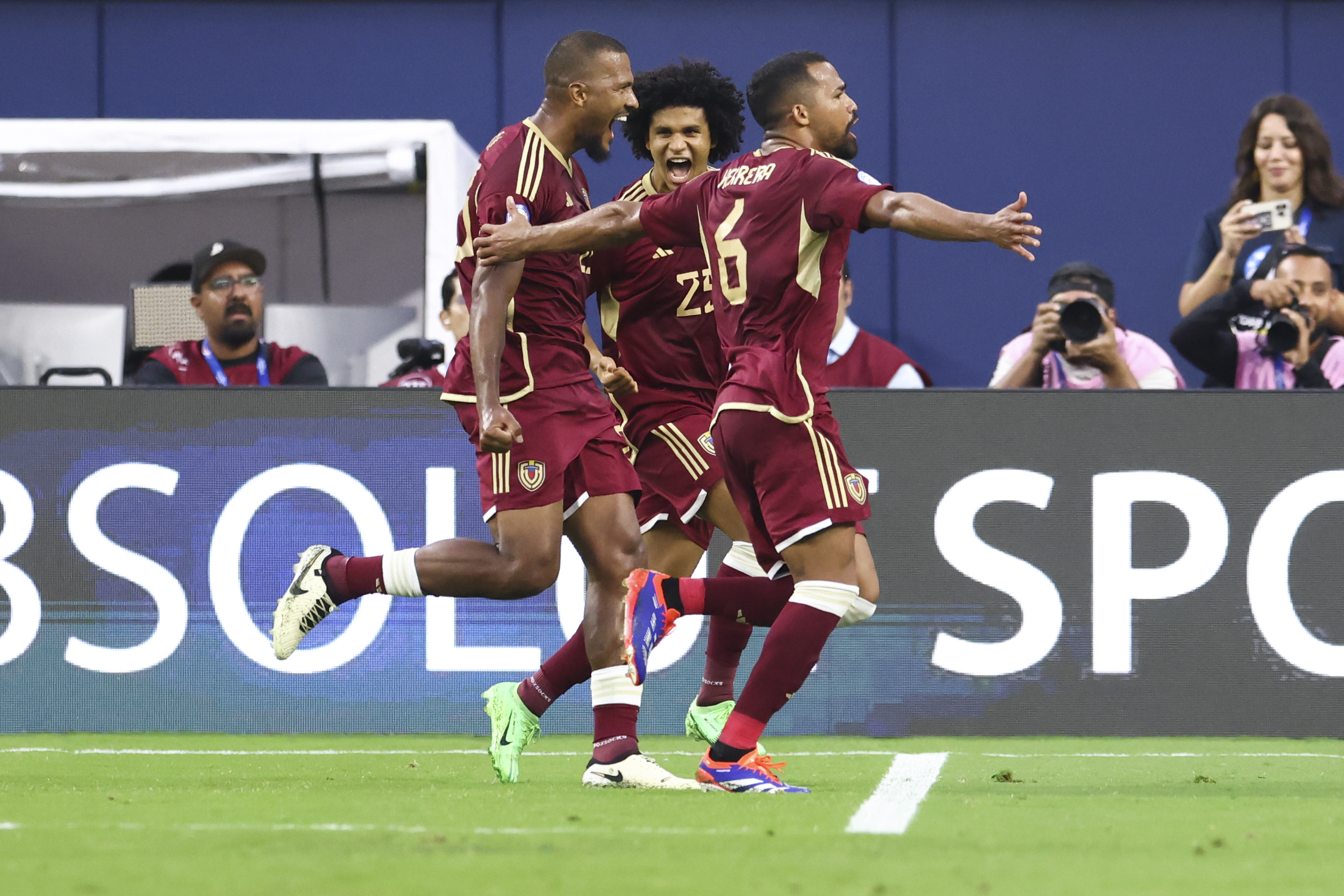 Venezuela forward José Salomón Rondón celebrates with his teammates after scoring a goal on a penalty as we profile our predictions and best bets for the Copa America quarterfinal featuring Venezuela and Canada.