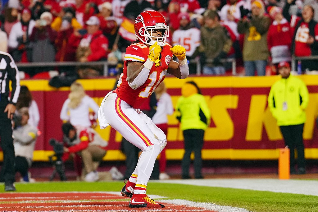 Isiah Pacheco of the Kansas City Chiefs celebrates a touchdown as we look at our best 2024 Super Bowl leader predictions