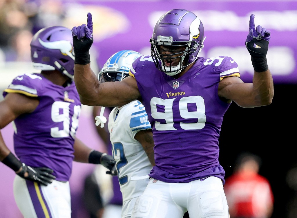 Danielle Hunter of the Minnesota Vikings celebrates in the second half against the Detroit Lions as we look at our defensive props for Week 10.