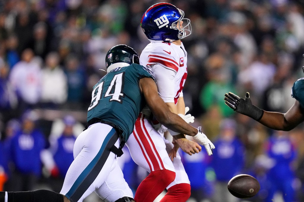 Josh Sweat #94 of the Philadelphia Eagles forces a fumble as we look at our NFC East betting preview&nbsp;