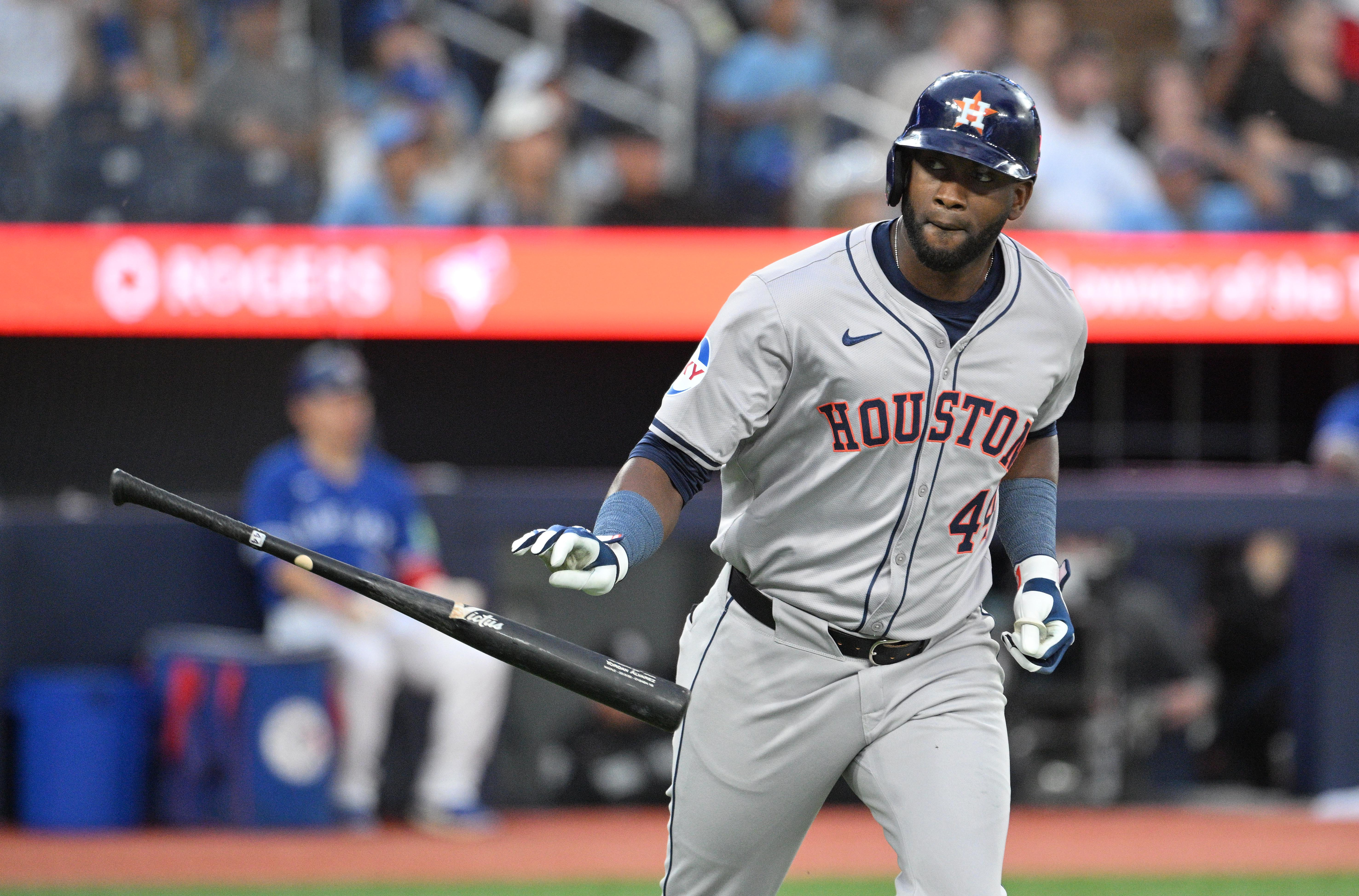 Houston Astros left fielder Yordan Alvarez releases his bat after hitting a three-run home run against the Toronto Blue Jays in the fifth inning at Rogers Centre. We're backing Alvarez in our MLB Player Props.
