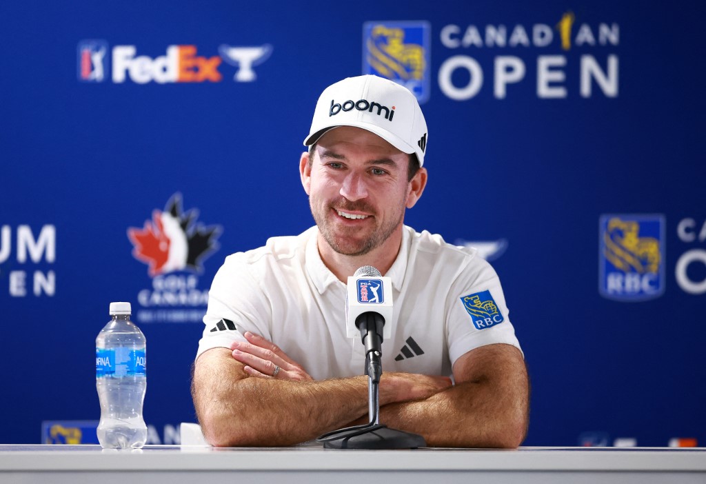 Nick Taylor of Canada talks with the media following the Pro-Am of the RBC Canadian Open at the Hamilton Golf and Country Club.