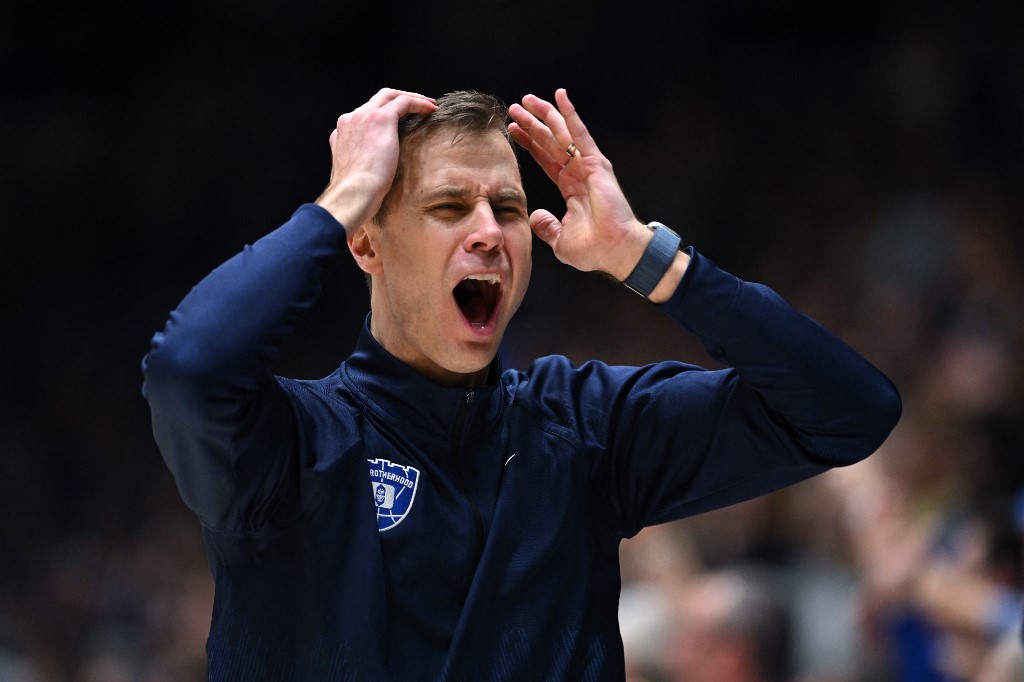 Head coach Jon Scheyer of the Duke Blue Devils reacts to a call by the officials against the Wake Forest Demon Deacons, and we offer new U.S. bettors our exclusive bet365 bonus code.