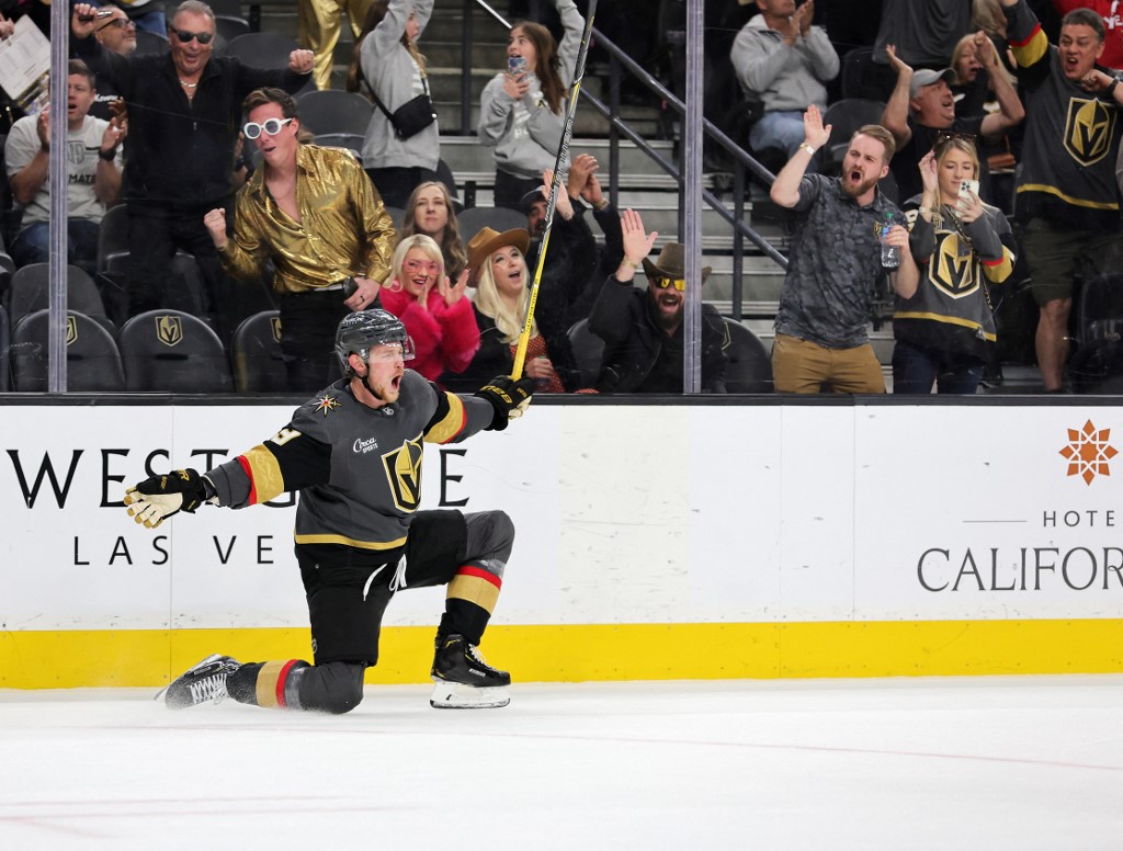 Jack Eichel of the Vegas Golden Knights celebrates after scoring a goal against the Winnipeg Jets with seven seconds left in overtime to win the game 2-1 at T-Mobile Arena on October 30, 2022 in Las Vegas, Nevada.