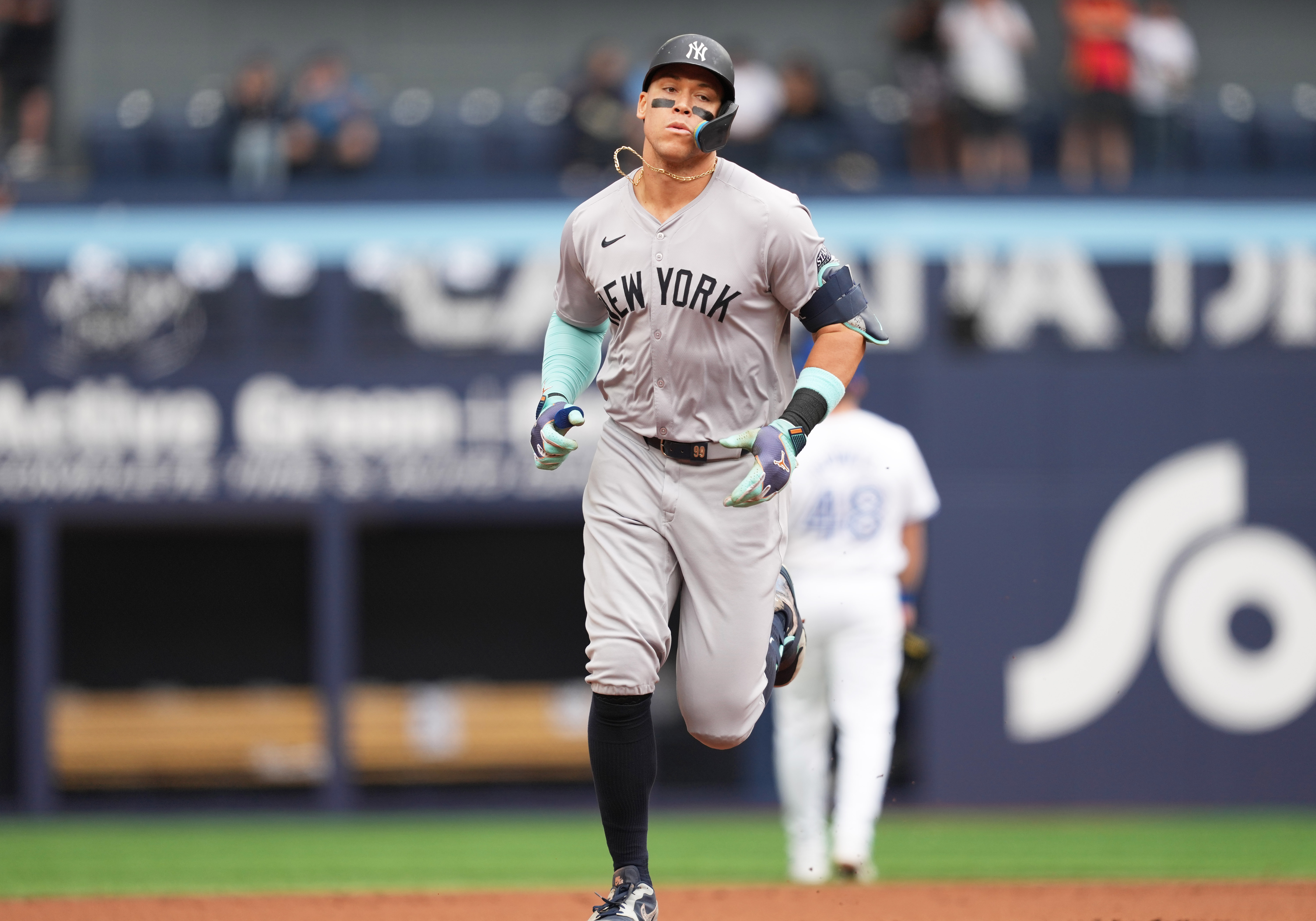 New York Yankees designated hitter Aaron Judge runs the bases after hitting a two-run home run against the Toronto Blue Jays during the first inning at Rogers Centre. We're backing Judge in our MLB Player Props.