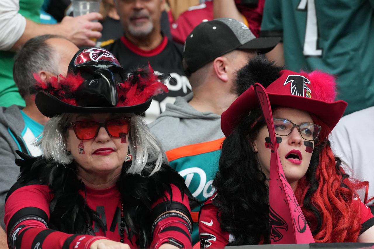 Atlanta Falcons female fans in costumes react against the Jacksonville Jaguars in the second half during an NFL International Series game at Wembley Stadium.