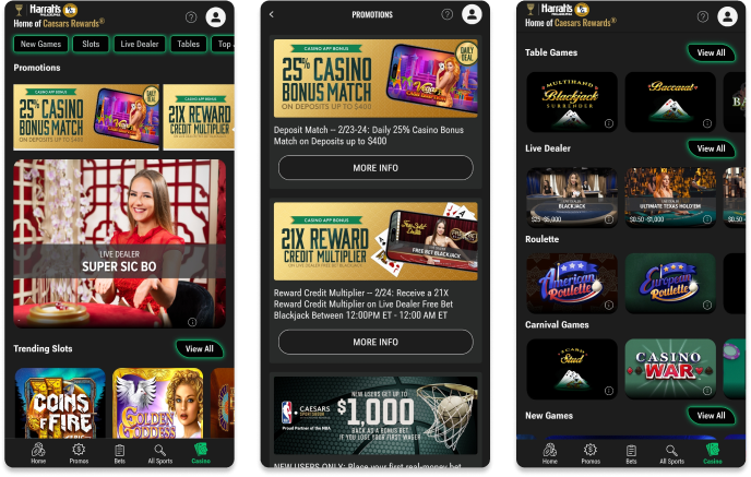 Screenshot of Caesars Palace mobile casino app.