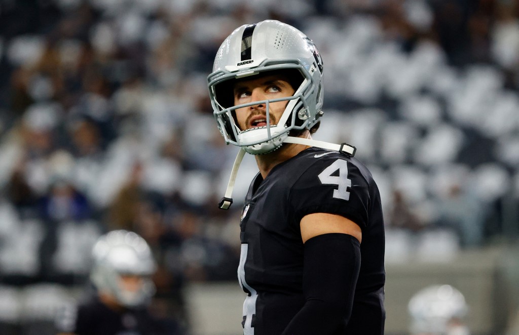 Derek Carr of the Las Vegas Raiders looks on ahead of the NFL game between Las Vegas Raiders and Dallas Cowboys at AT&T Stadium on Nov. 25, 2021 in Arlington, Texas.
