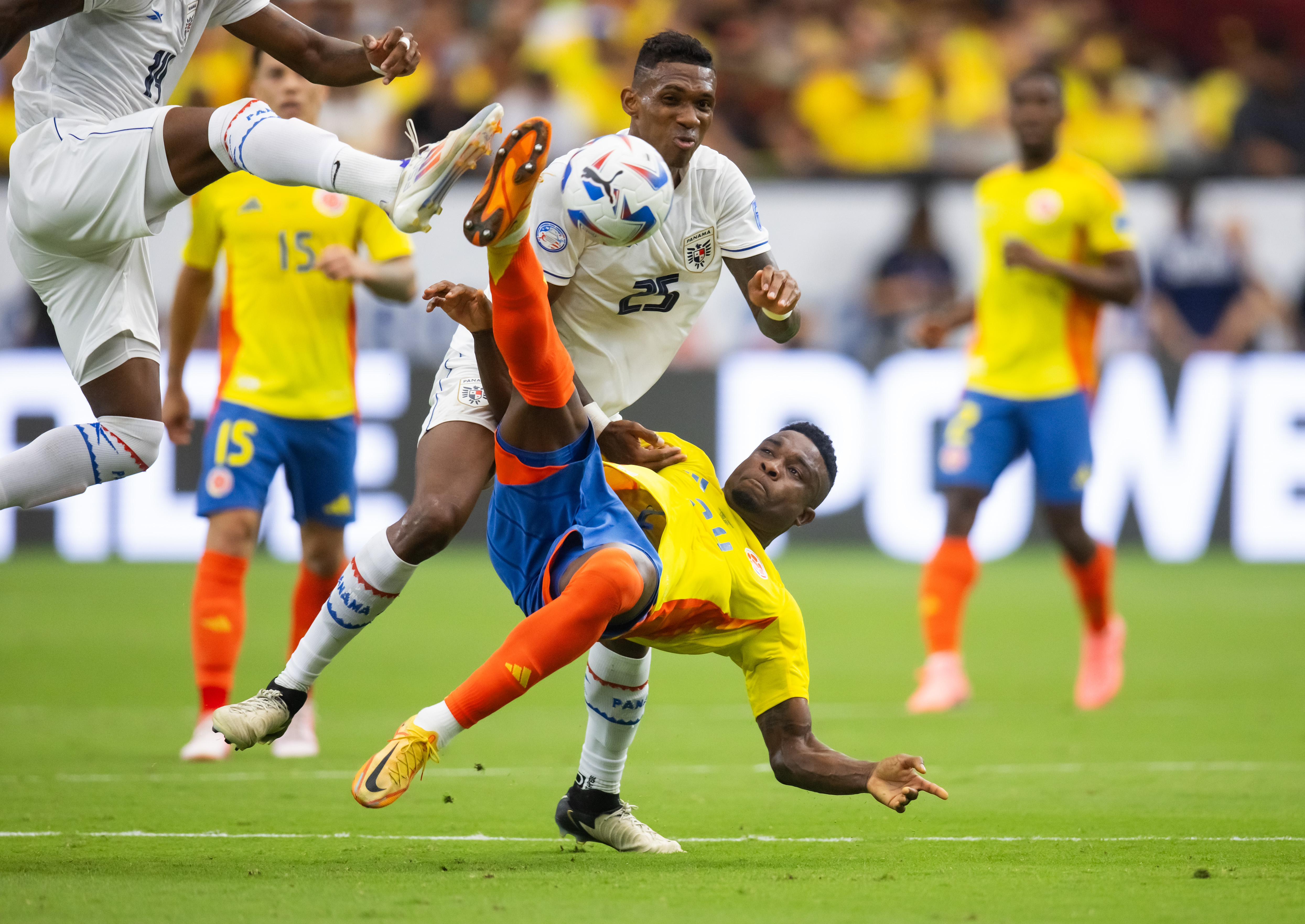 Colombia forward Jhon Cordoba kicks the ball against Panama defender Roderick Miller during the first half in the Copa America Quarterfinal at State Farm Stadium. We're backing Cordoba in ourUruguay vs. Colombia Odds.