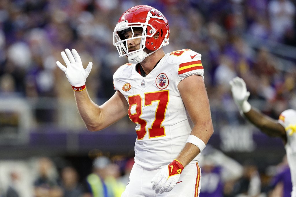 Travis Kelce #87 of the Kansas City Chiefs signals for a first down as we look at our best Travis Kelce NFL player props