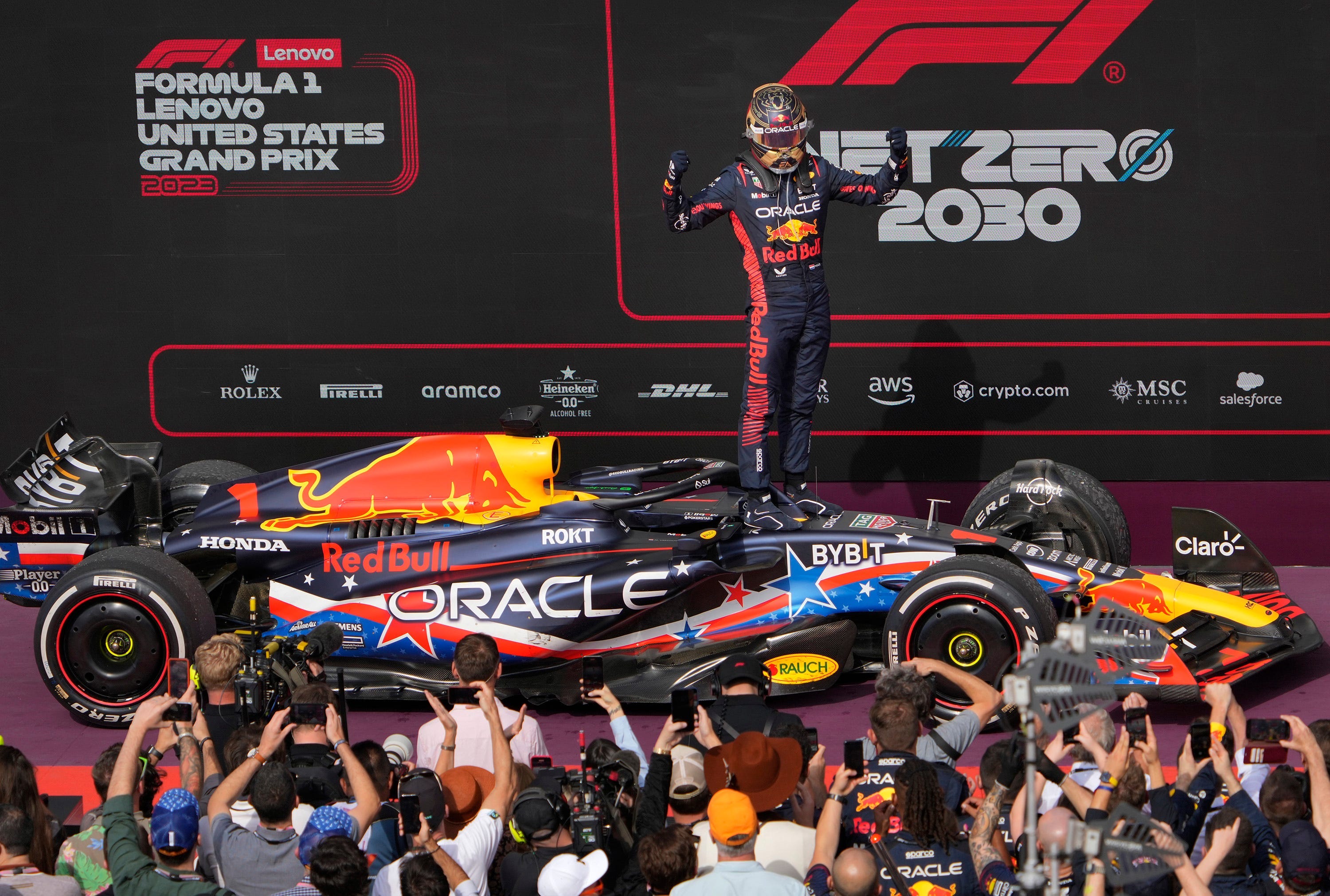 Oracle Red Bull Racing driver Max Verstappen celebrates winning the Formula 1 Lenovo United States Grand Prix at Circuit of the Americas as we look at our F1 championship odds.
