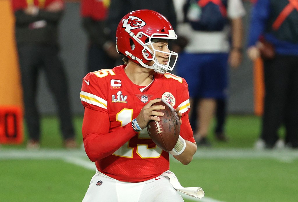 Patrick Mahomes of the Kansas City Chiefs looks to pass in Super Bowl LV at Raymond James Stadium on Feb. 07, 2021 in Tampa, Florida.