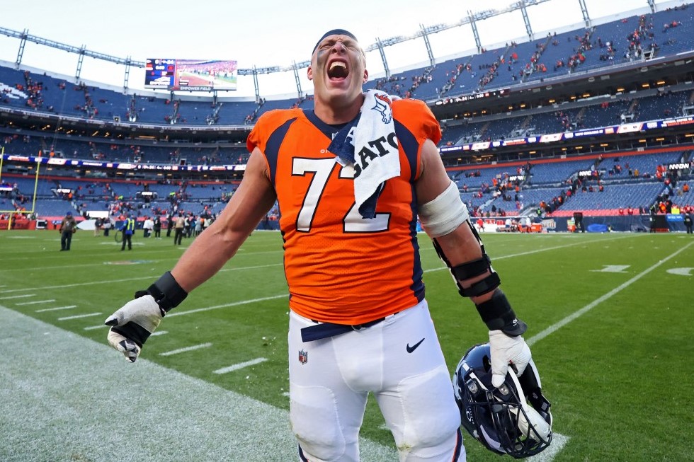 Garett Bolles of the Broncos reacts after beating the Chiefs as we make our best NFL Week 10 upset picks.