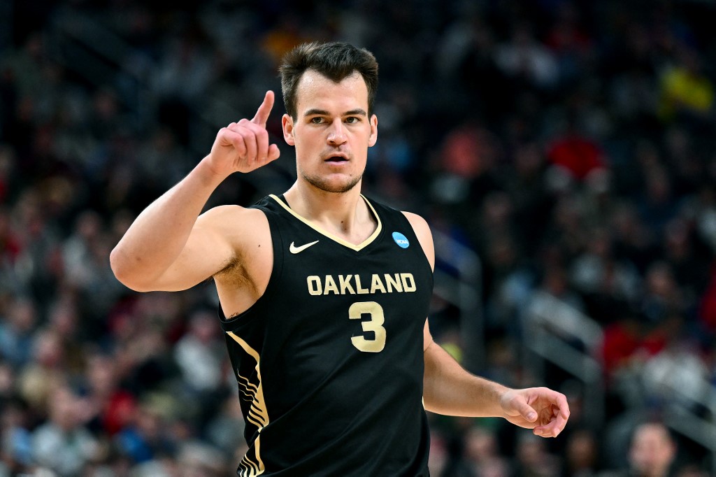 Jack Gohlke of the Oakland Golden Grizzlies reacts during the first half of a game against the North Carolina State Wolfpack in the second round of the NCAA Men's Basketball Tournament.