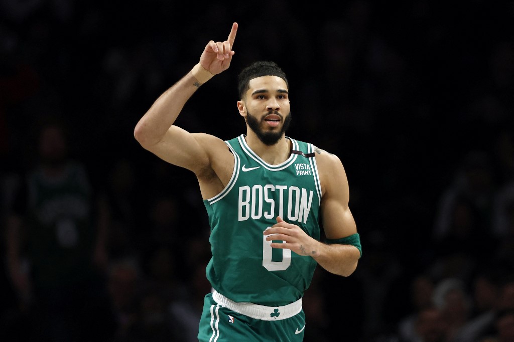 Jayson Tatum of the Boston Celtics reacts after scoring during the first half against the Brooklyn Nets at Barclays Center as we look at our Celtics-Knicks promo code from bet365.