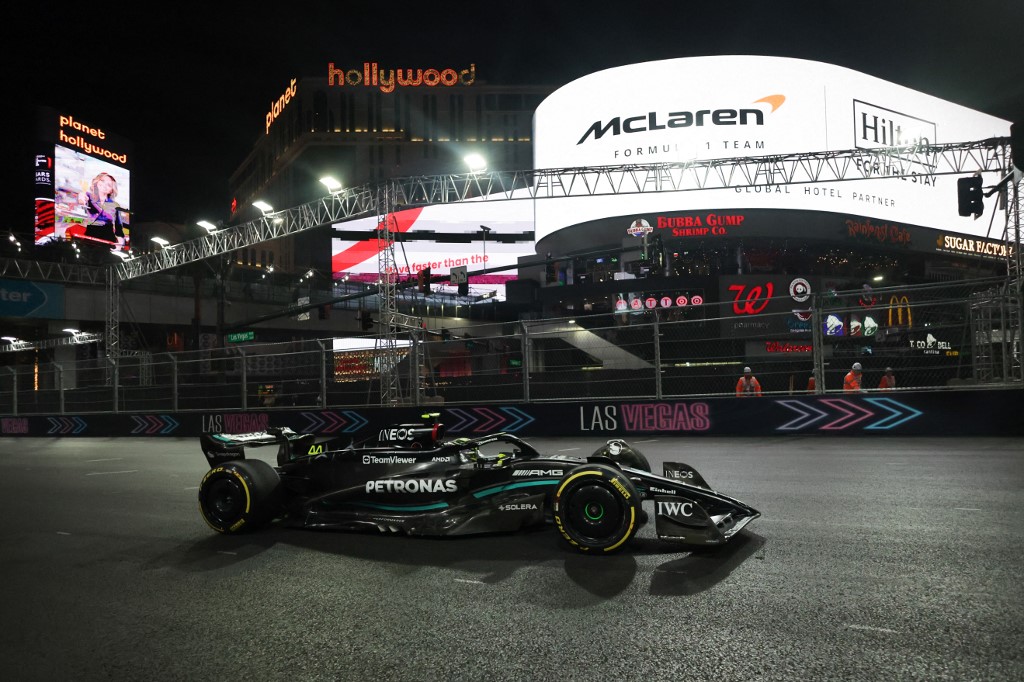 Lewis Hamilton of Mercedes during second practice ahead of the Formula 1 Las Vegas Grand Prix as we offer our BetRivers bonus code.