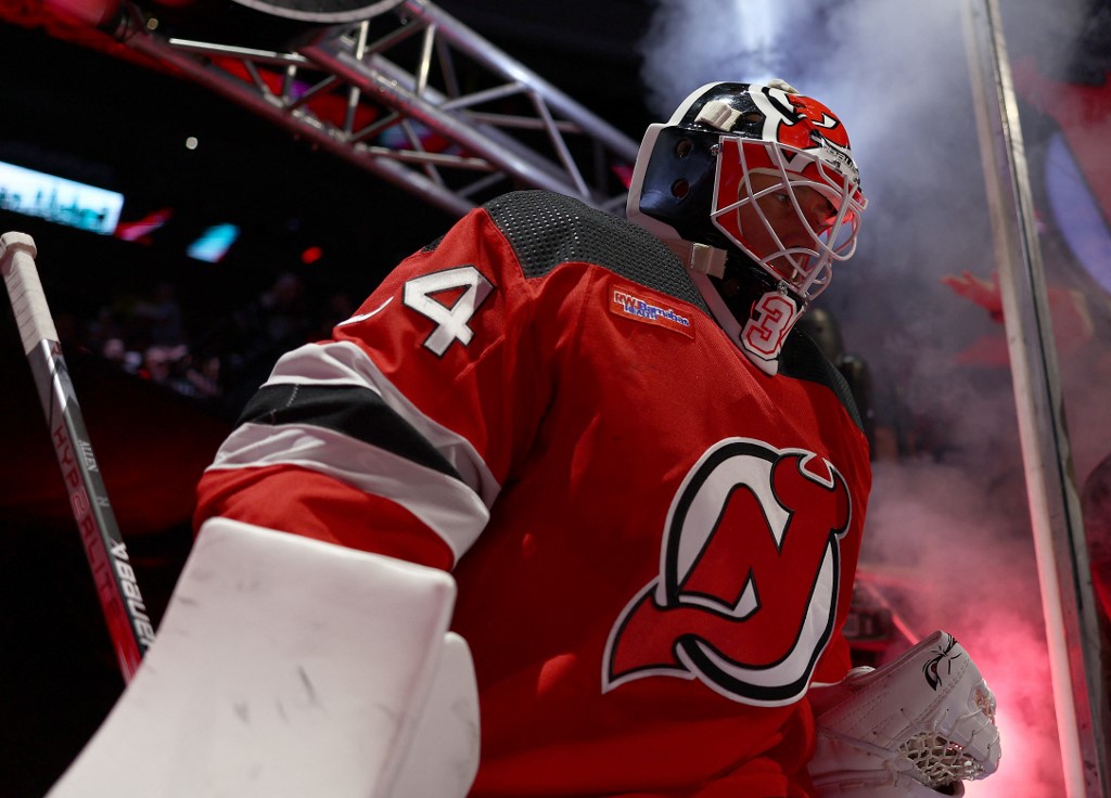 Jake Allen #34 of the New Jersey Devils takes the ice as we look at the 2024 March sports betting financials for New Jersey