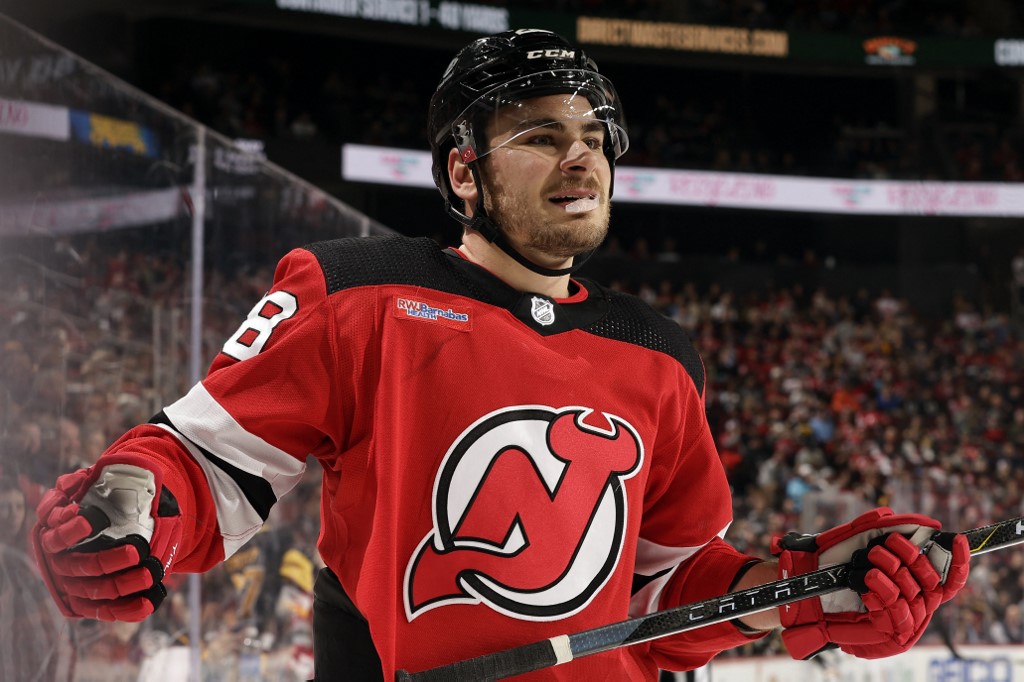 Timo Meier #28 of the New Jersey Devils reacts as we look at the details surrounding the launch of Prime Underscoreg in New Jersey
