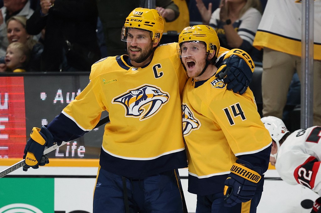 Roman Josi #59 and Gustav Nyquist #14 of the Nashville Predators celebrate a goal against the Ottawa Senators as we look at the most likely upsets in the first round of the 2024 Stanley Cup playoffs. 
