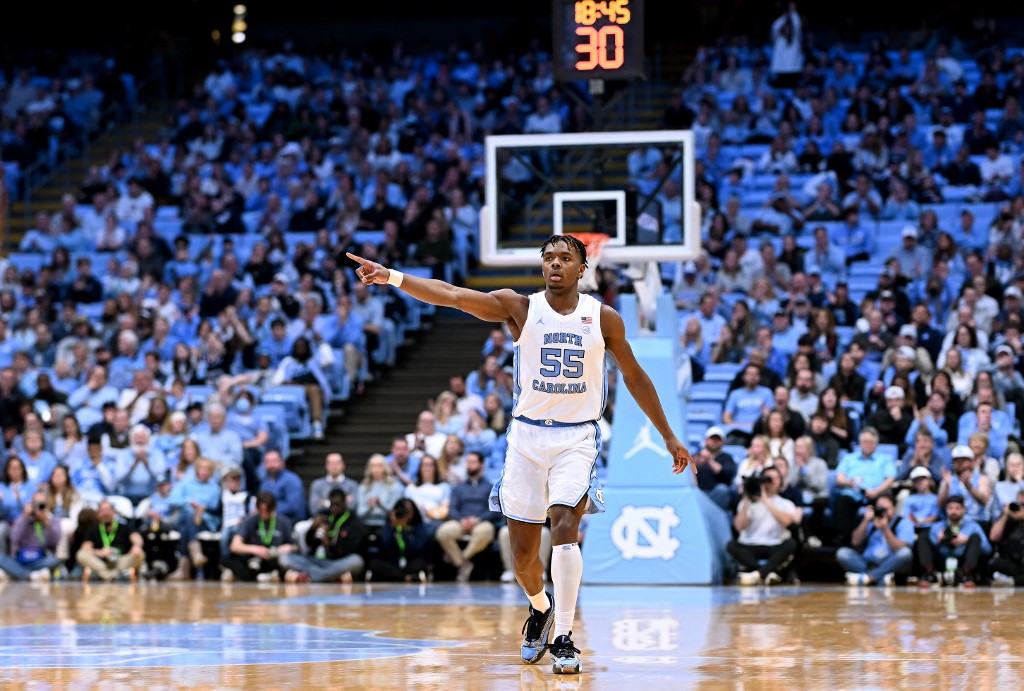 Harrison Ingram of the North Carolina Tar Heels gestures to the bench after a 3-point basket against the Charleston Southern Buccaneers, as we look at the best bet365 North Carolina promo code.