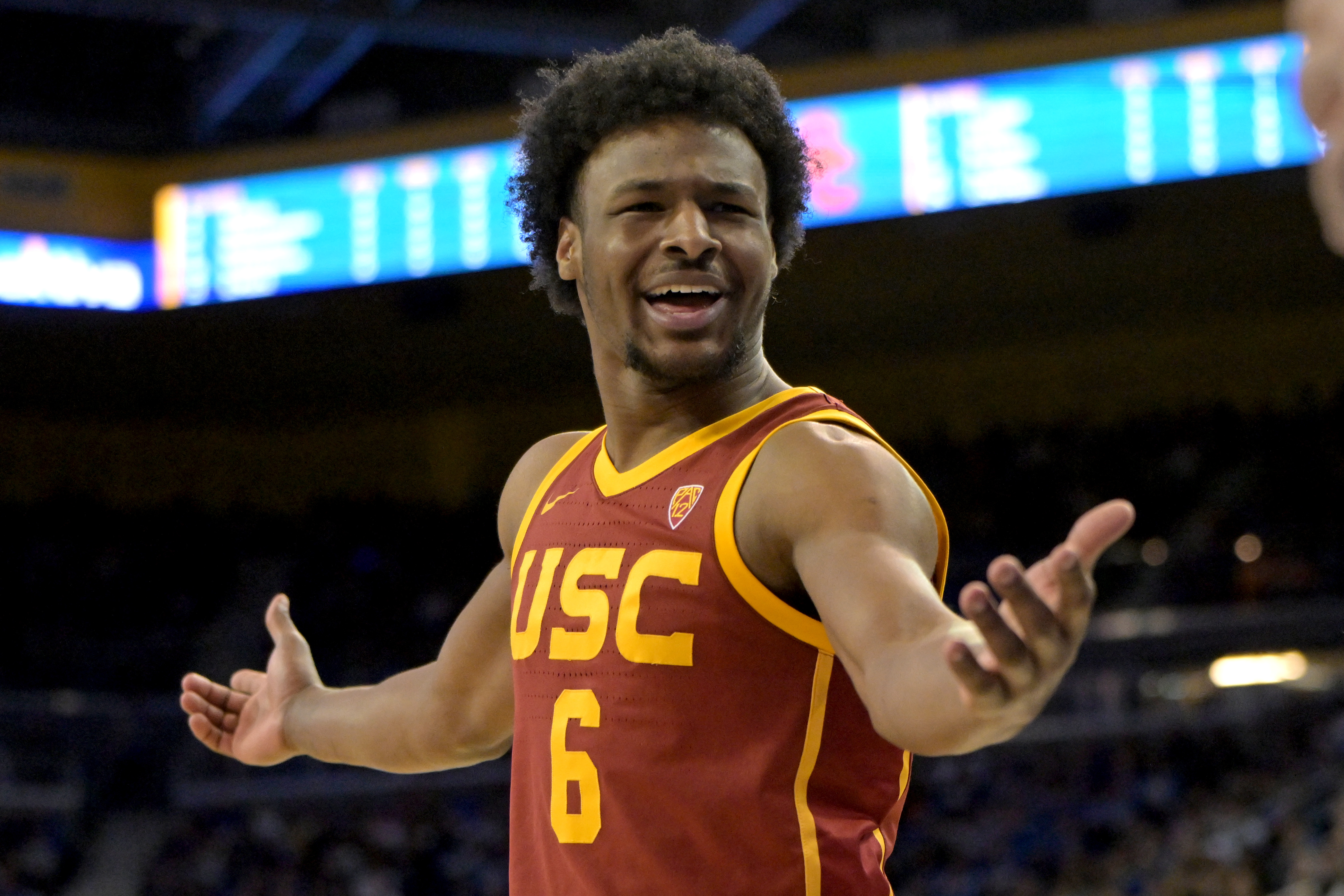 USC Trojans guard Bronny James (6) questions a call as we examine the latest Bronny James draft odds and projection ahead of the 2024 NBA Draft.