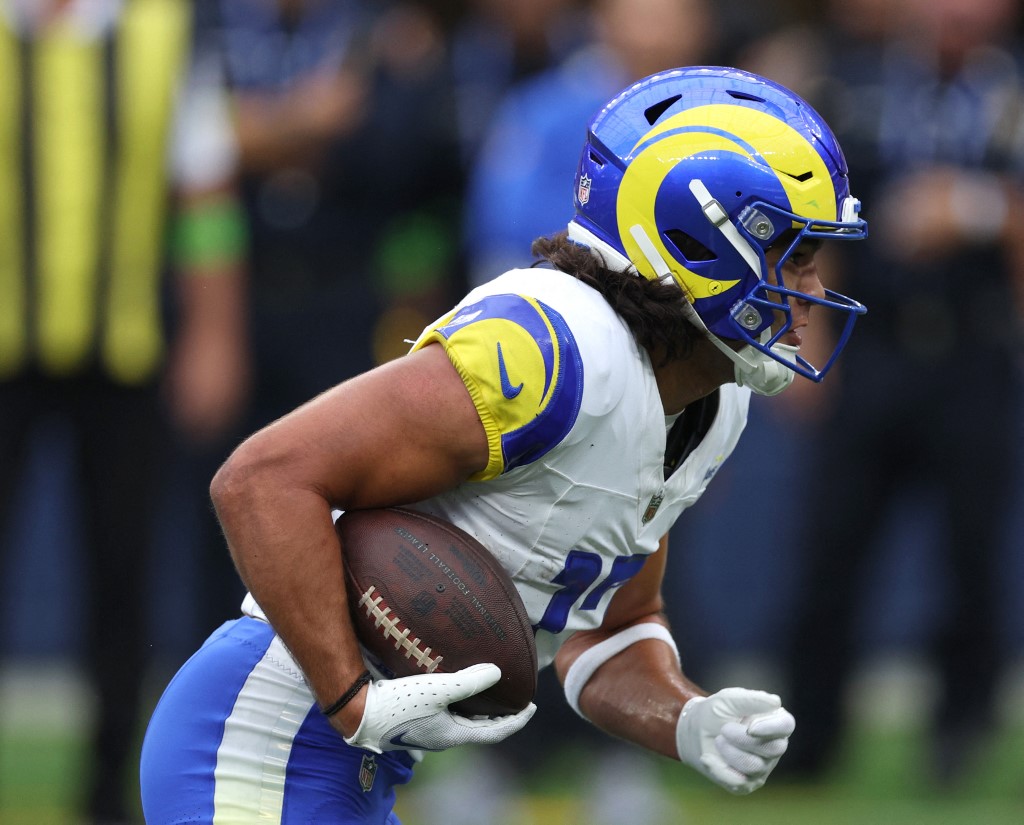 Puka Nacua #17 of the Los Angeles Rams runs as we look at Rams-Bengals prediction