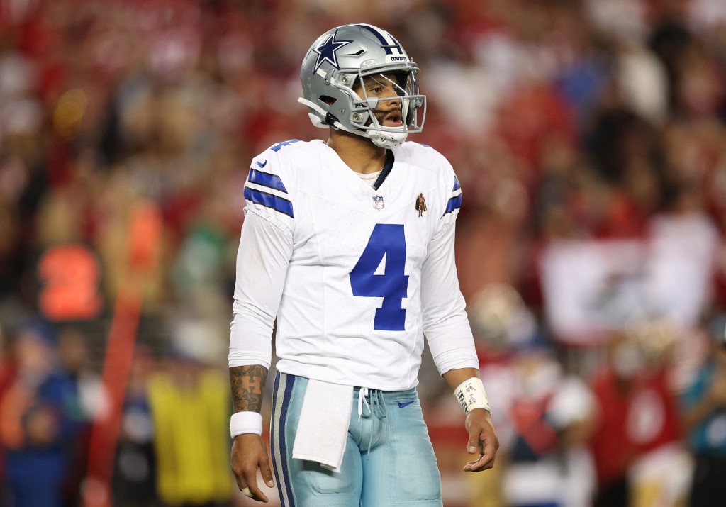 Dak Prescott #4 of the Dallas Cowboys reacts after an interception as we look at our best NFL parlay picks for Week 6