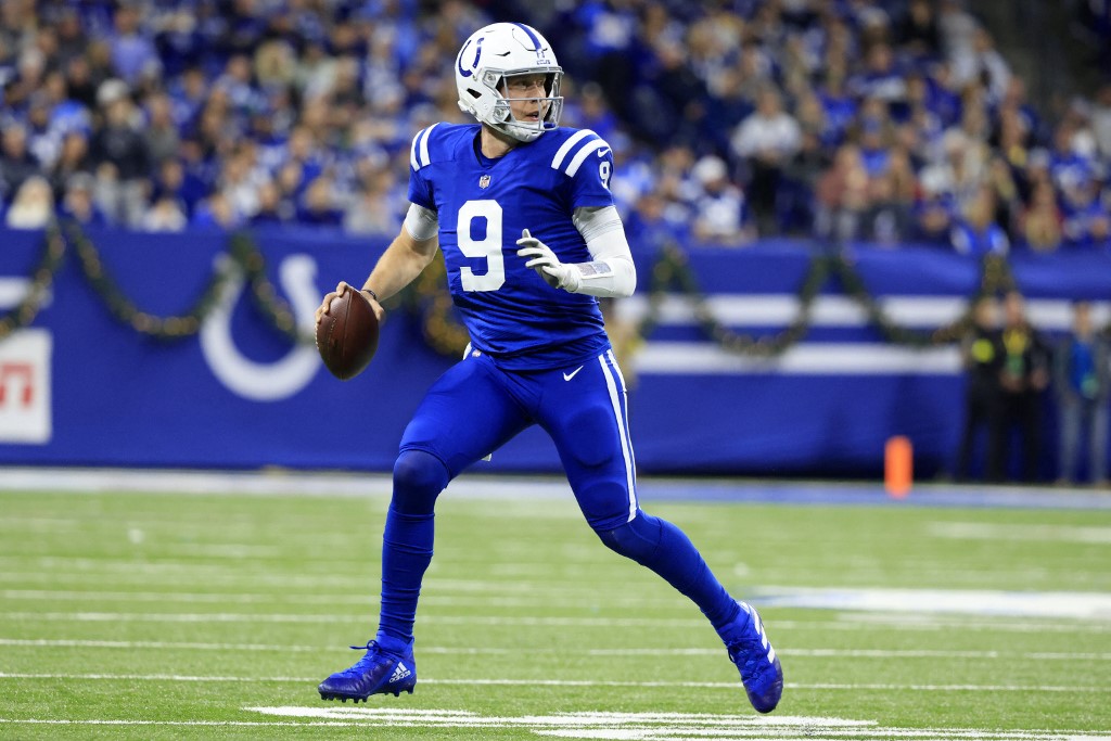 Nick Foles of the Indianapolis Colts throws the ball against the Los Angeles Chargers at Lucas Oil Stadium on December 26, 2022 in Indianapolis, Indiana.