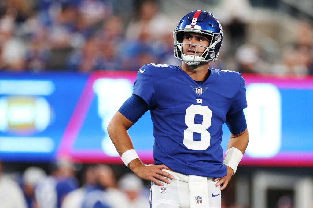 Daniel Jones of the New York Giants looks on during the first half against the Cincinnati Bengals.