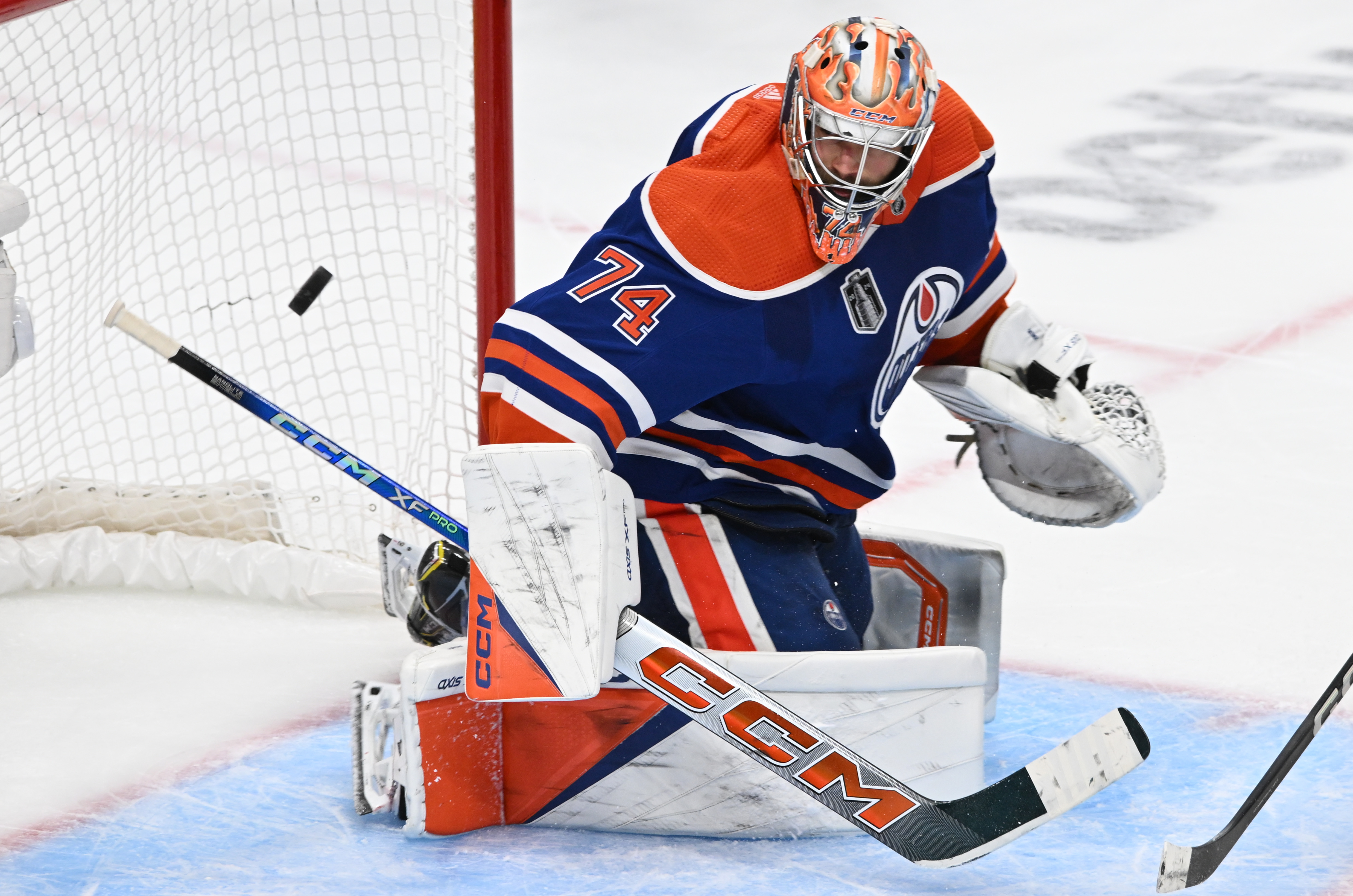 Edmonton Oilers goaltender Stuart Skinner makes a save as we look at the possible legalization of sports betting in Alberta.