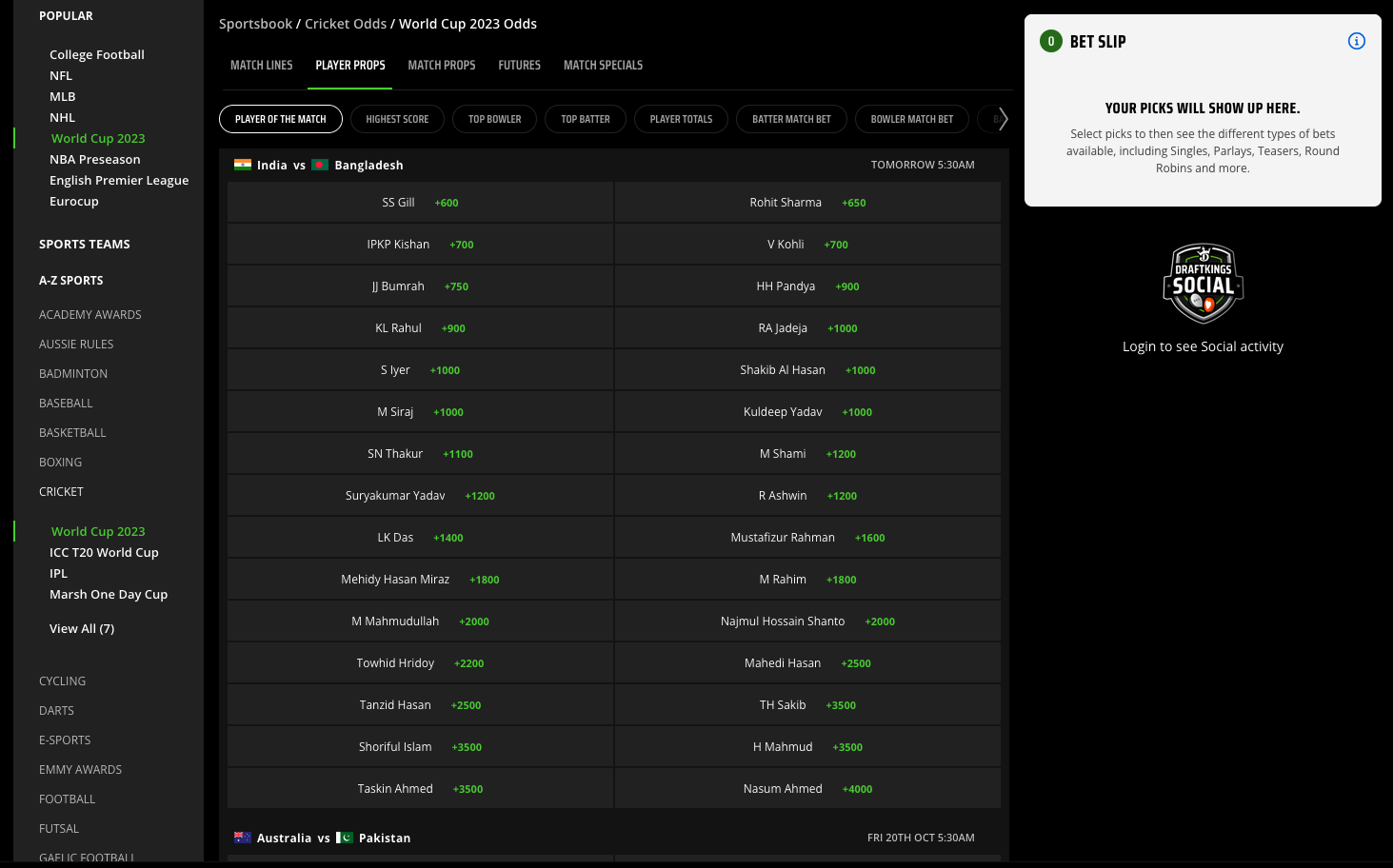 DraftKings cricket odds screenshot