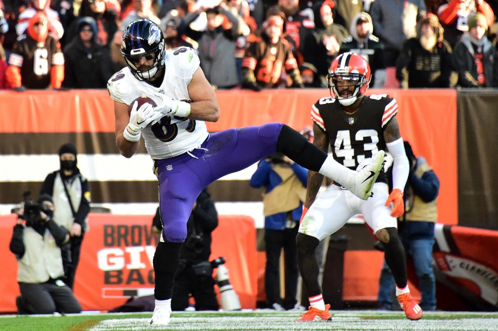 Mark Andrews of the Baltimore Ravens makes a touchdown reception in the end zone during the fourth quarter against the Cleveland Browns, and we offer our top receiving prop predictions for Week 10 based on the best NFL odds.