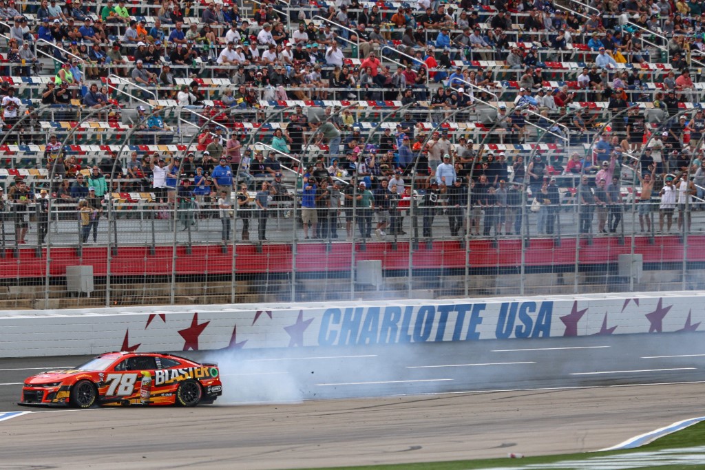 BJ McLeod, driver of the No. 78 B'laster Chevrolet, pits during the NASCAR Cup Series Coca-Cola 600 at Charlotte Motor Speedway.