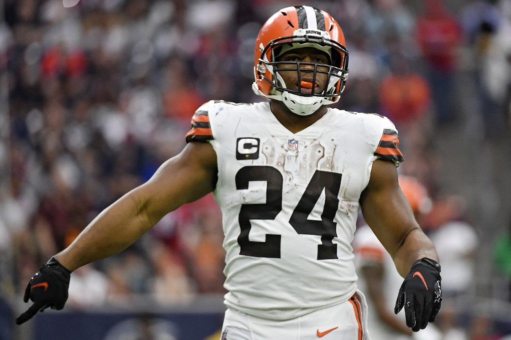 Nick Chubb of the Cleveland Browns reacts during the second quarter against the Houston Texans at NRG Stadium.