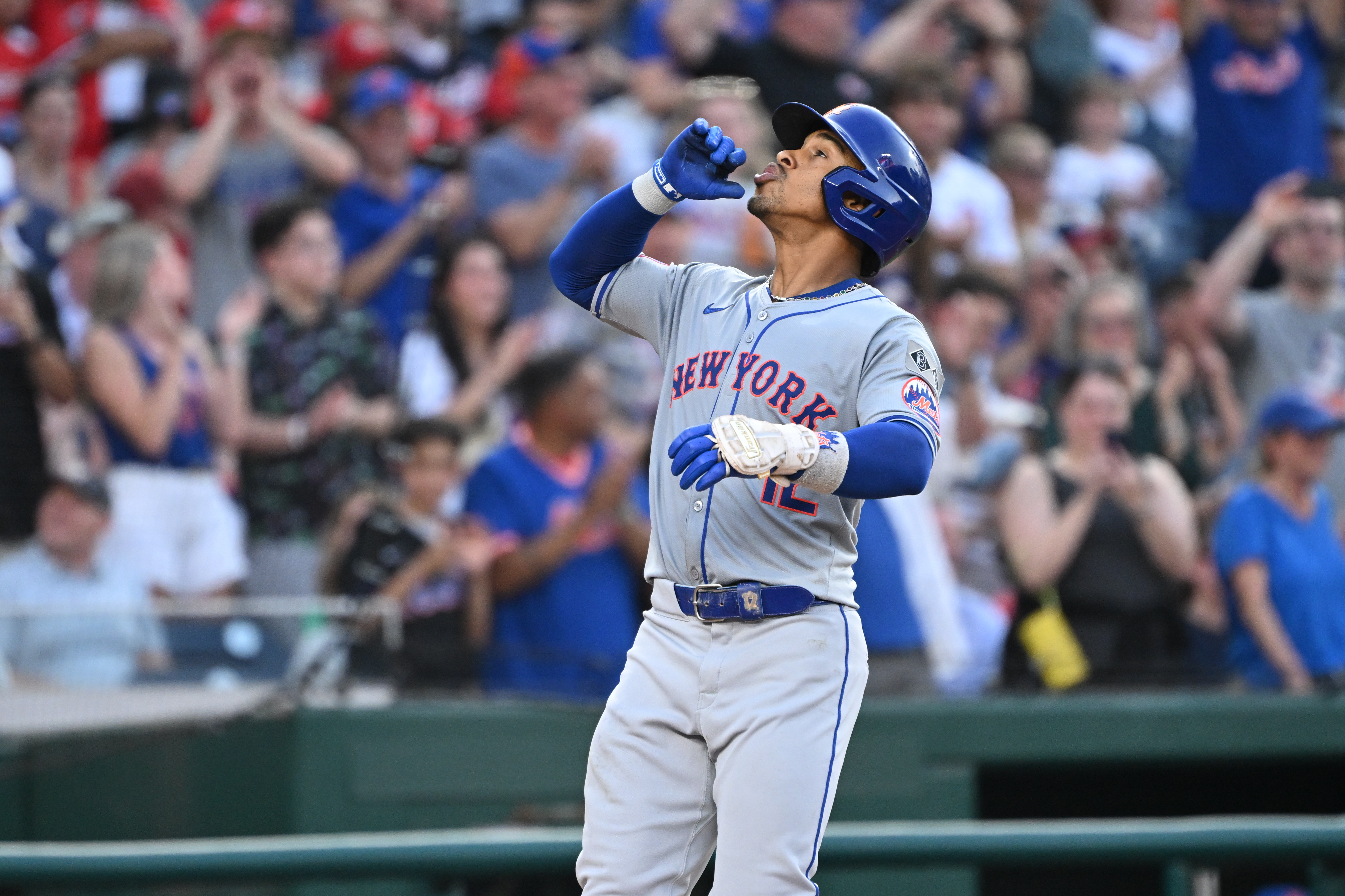 New York Mets shortstop Francisco Lindor (12) celebrates as we offer our best Mets vs. Nationals player props for the Fourth of July matchup at Nationals Park in Washington, D.C.