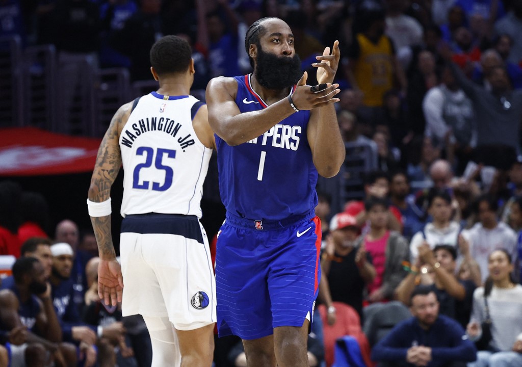 Los Angeles Clippers guard James Harden (1) reacts after making a 3-point shot as we offer our best Mavericks vs. Clippers player props for Game 2 on Tuesday.