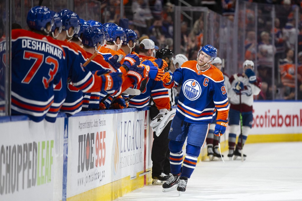Connor McDavid #97 of the Edmonton Oilers celebrates his 30th goal of the season as we preview the first round of the playoffs in the Western Conference. 