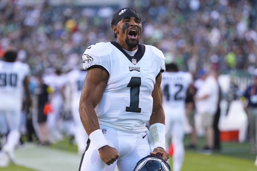 Jalen Hurts of the Philadelphia Eagles reacts prior to the preseason game against the New York Jets at Lincoln Financial Field on August 12, 2022 in Philadelphia, Pennsylvania. Photo by Mitchell Leff Getty Images via AFP.