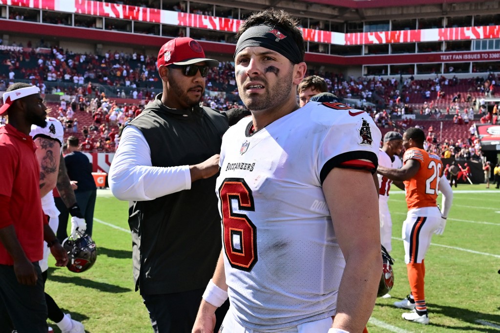 Baker Mayfield of the Tampa Bay Buccaneers looks on as we share the top Buccaneers vs. Bills bonus code.
